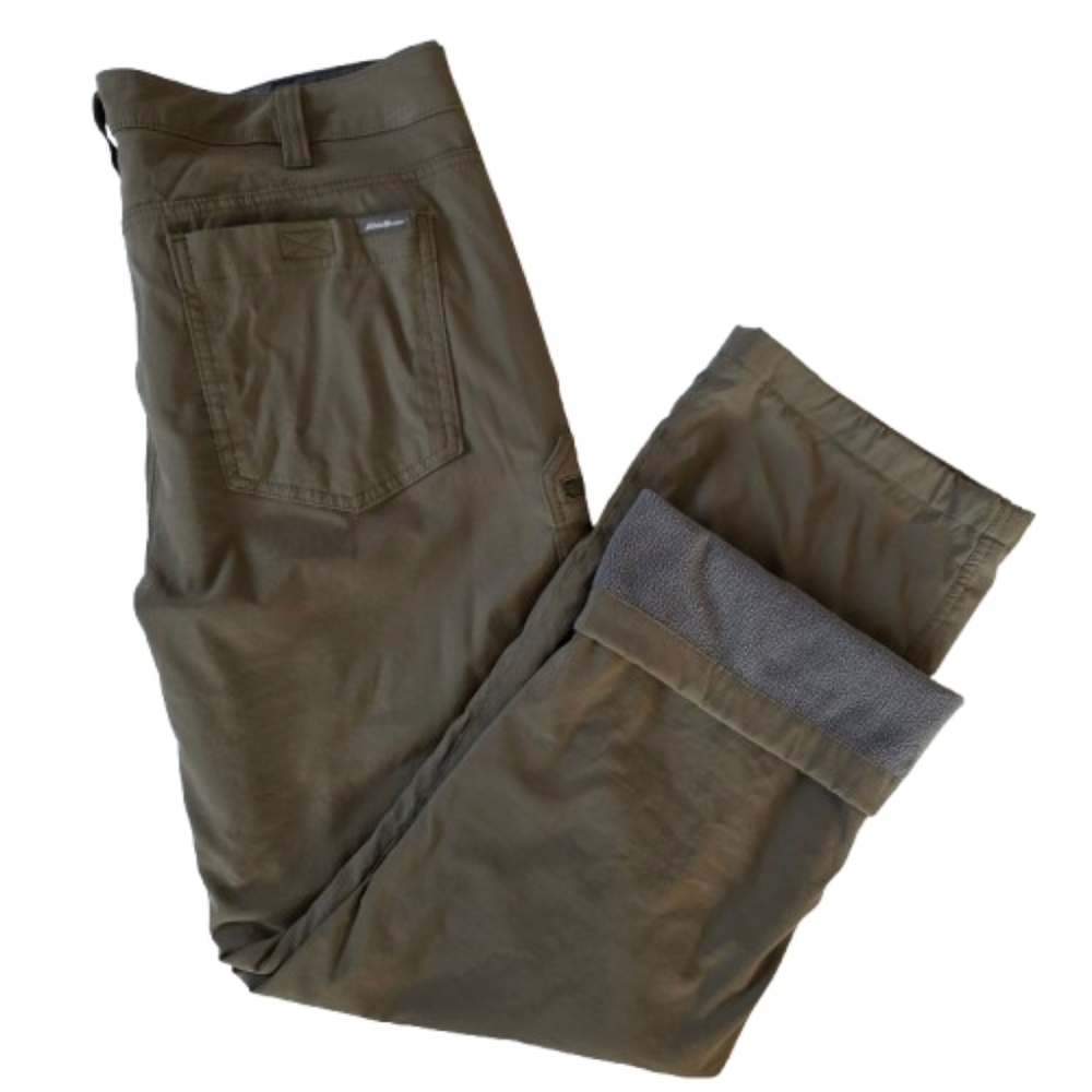 Eddie Bauer Olive Fleece Lined Tech Pants Sz 36×30 Hiking Outdoor Trails Granola